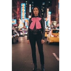 Gucci Black Leather Bomber Jacket Pink Bow Front Size 40 (4 US)